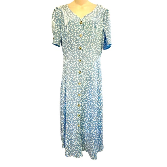 New Light Blue Summer Dress with White Flowers Puffy Sleeves Button Down Size M - Picture 5 of 9